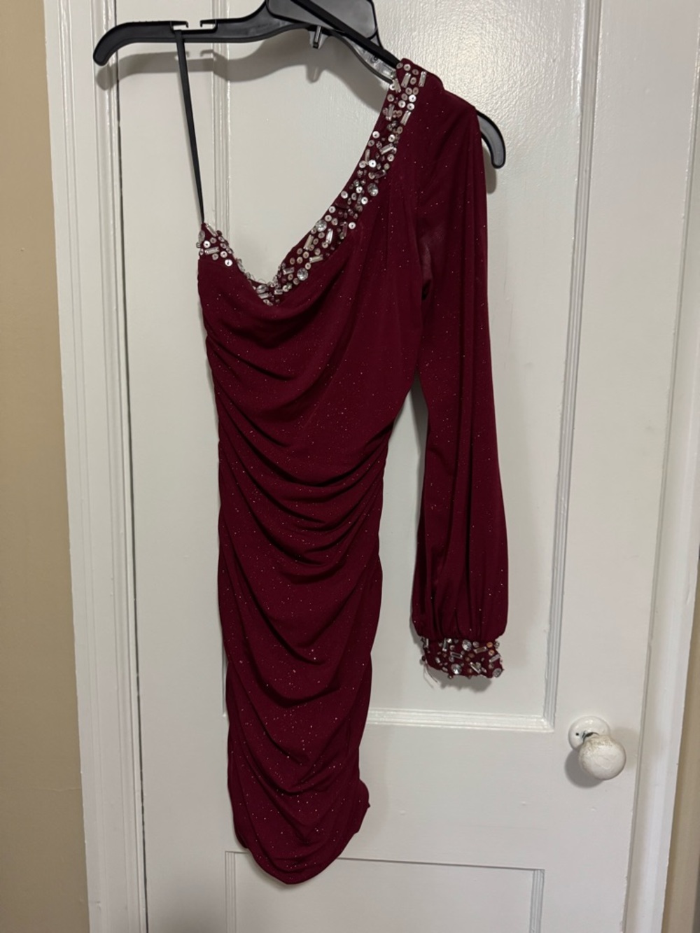 Jodi Kristopher Wine One-Shoulder Embellished Cocktail Dress